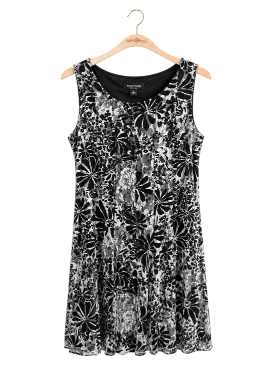 Perceptions New York Dresses & Skirts - Floral Mesh Overlay A-Line Sleeveless Dress Black White XL Stretch Timeless